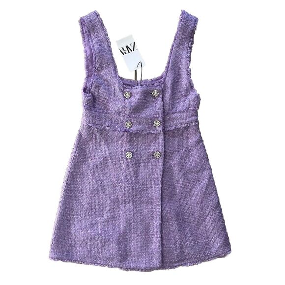 NWT ZARA Pastel Rococo Purple Lilac Tweed Button Mini Dress BLOGGER FAVORITE S - Picture 6 of 11